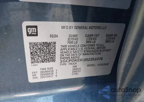 2024 Chevrolet Silverado 4Wd Short Bed Lt With 2Fl из США, поврежденный, VIN 1GCPDKEK1RZ251076